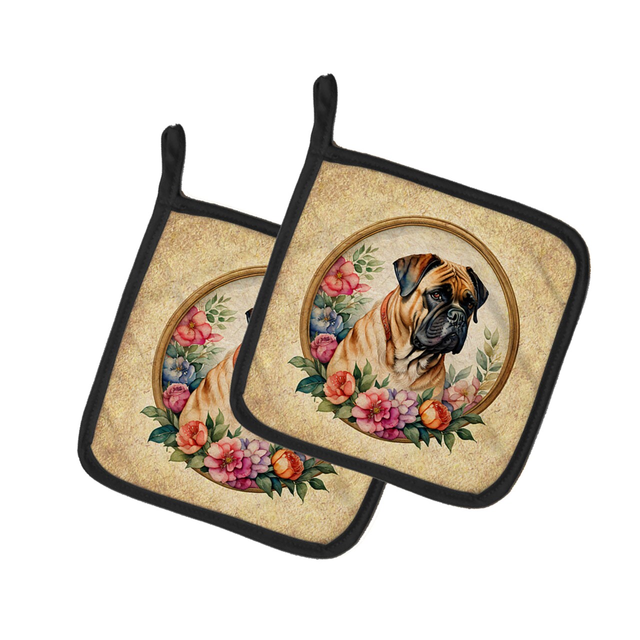 Caroline's Treasures Bullmastiff and Flowers Pair of Pot Holders